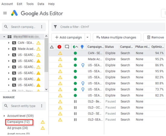 Google Ads Editor Used for Campaign Management